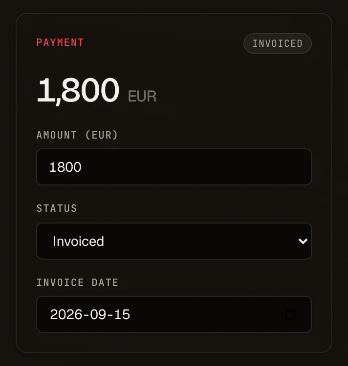 The payment on a brand deal: 1,800 EUR, marked invoiced on 2026-09-15